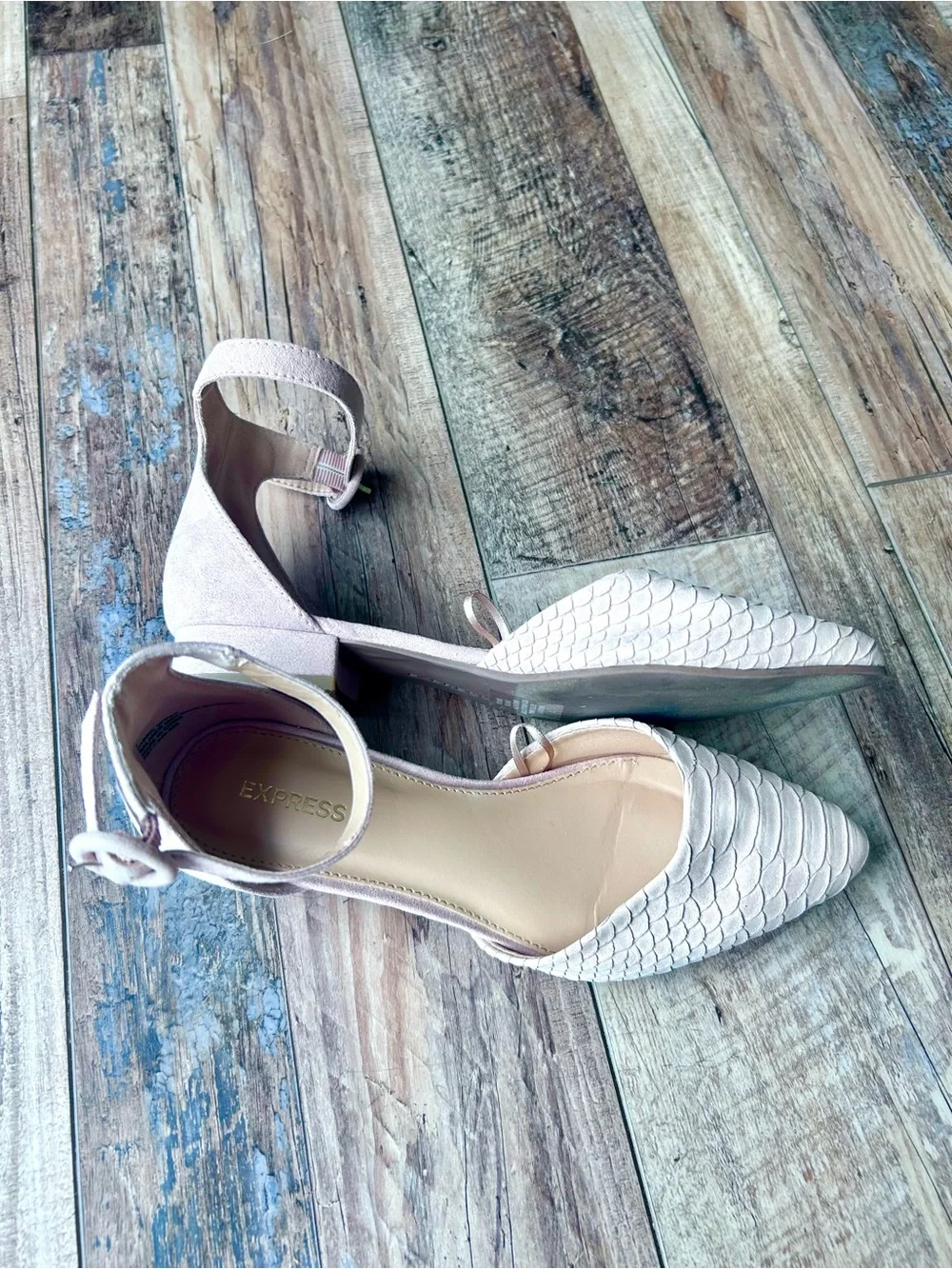 Express Blush Pink Snakeskin D’Orsay Ankle Strap Pointed Flats Size 7